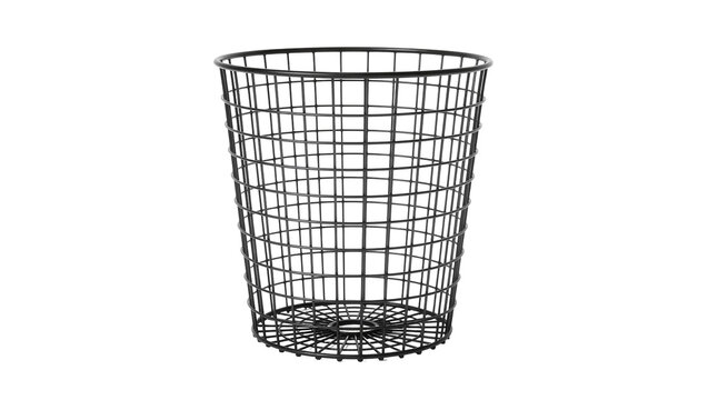 Black wire mesh waste bin with grid pattern, isolated on transparent background