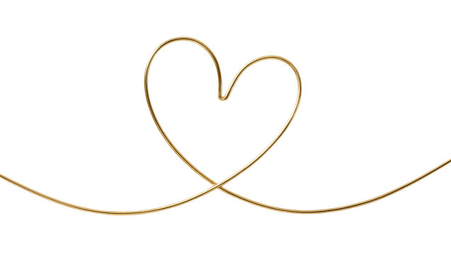 Thin golden wire forming a heart shape, isolated on transparent background