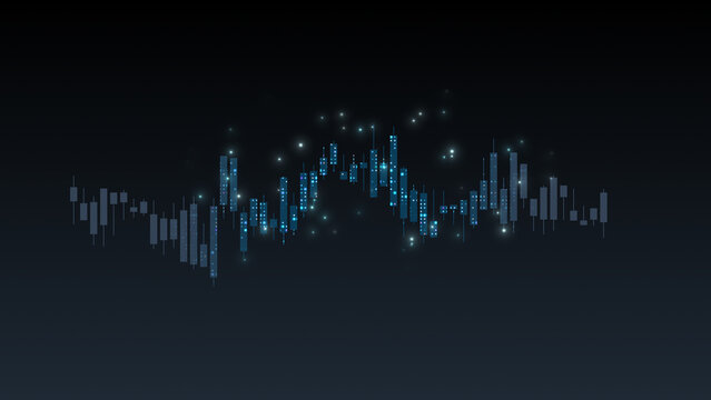 Digital candlestick chart movement trend, cyber trading price value open low high close, dark particle algorithm investment analysis and financial stock