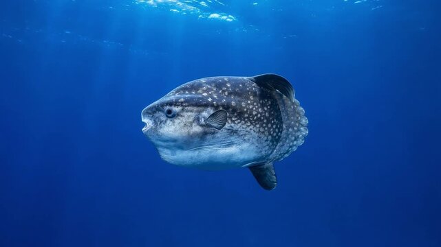 Ocean sunfish swimming through clear blue open water beneath sunbeams