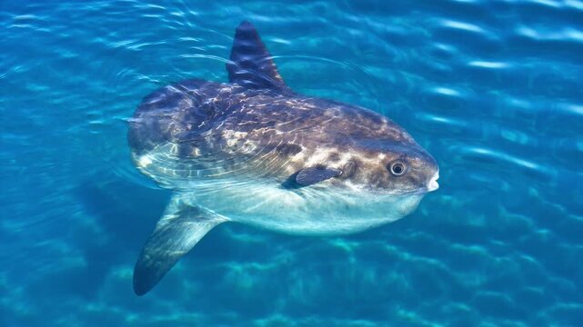 Ocean sunfish swims just below rippling turquoise sea surface in side view