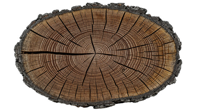 Rough bark tree stump cross-section with visible growth rings and crack, isolated on transparent background