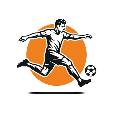 Dynamic Soccer Player Kicking Ball with Orange Sun Background, Action Silhouette