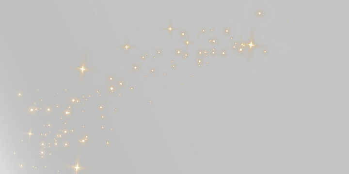 Cluster of scattered golden bokeh lights and small star-shaped sparkles on a black background on transparent background
