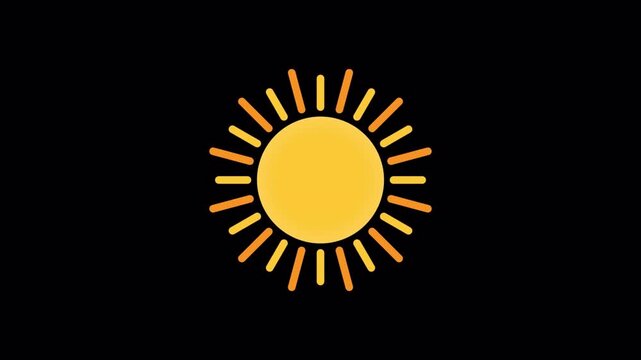 Simple 2D cartoon sun animation. Natural source animated element on black background with rotating rays 4k video.
