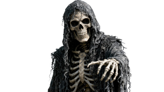 Grim Reaper skeleton figure with tattered black robe reaching out, isolated on transparent background