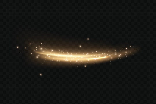 Golden light line on transparent background with smooth movement and glowing edges with gold particles and fairy dust for holiday, Christmas designs.	

