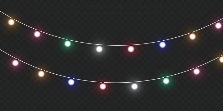 Christmas lights isolated on transparent background. Set of golden Christmas glowing garlands with sparks. For congratulations, invitations and advertising design. Vector	
