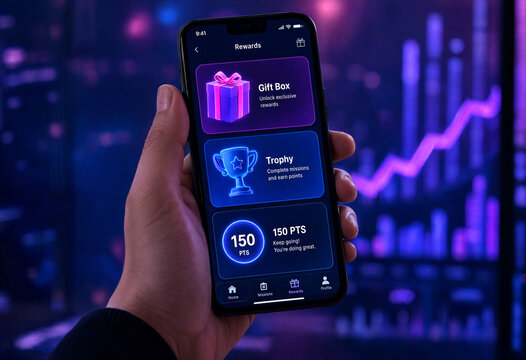 Person holding smartphone showing reward points and gift box options screen