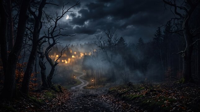 Spooky Halloween night forest with winding road, fog, and distant glowing village