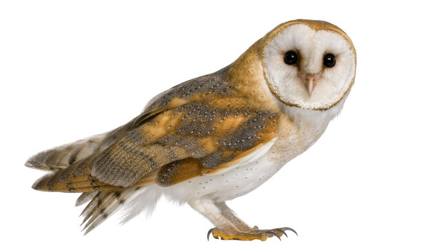 Barn owl with golden brown speckled wings, isolated on transparent background