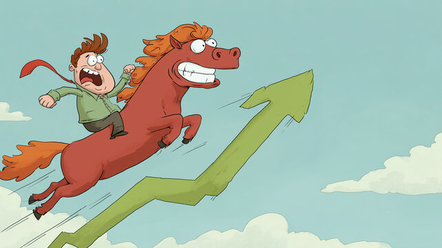 Funny cartoon illustration of a scared businessman riding a fast brown horse leaping upward along a green stock growth arrow.