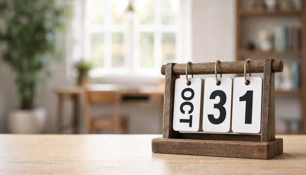Wooden perpetual calendar showing October 31 on a wooden table inside a cozy room