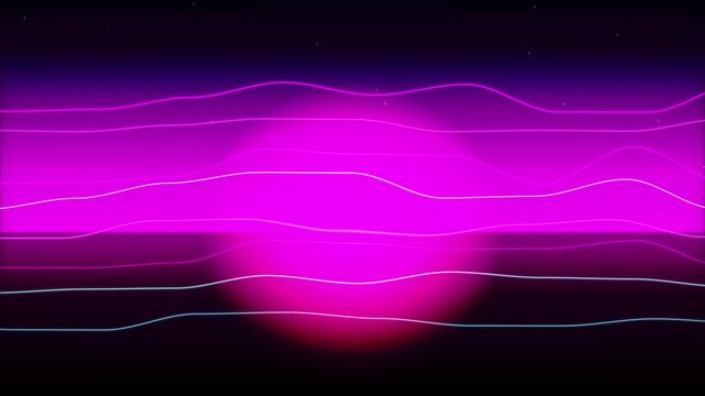 Retro synthwave animation features glowing pink sun with moving neon wavy lines in a futuristic landscape loop