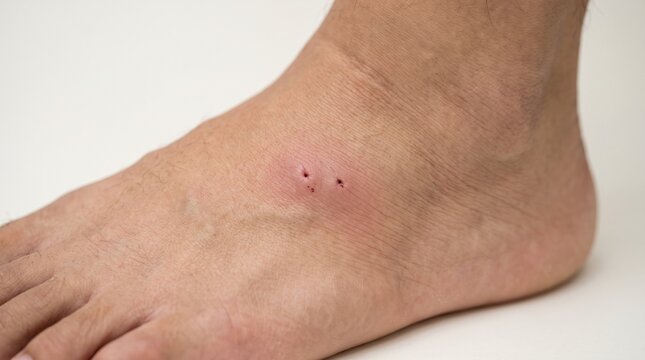 Snake Bite Puncture Marks With Swelling on Human Foot