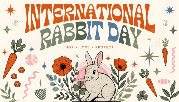 International rabbit day retro poster design with cute bunny carrots and red poppy flowers carrot illustration animal holiday spring theme vintage banner greeting