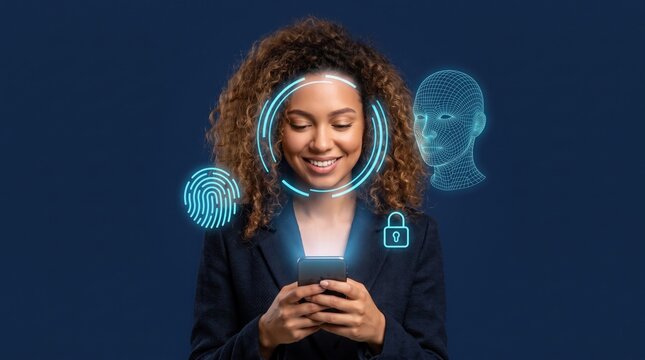 Woman using smartphone with facial recognition and biometric security technology