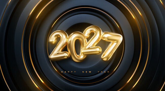 Happy New 2027 Year. Vector holiday illustration of golden numbers 2027. Black and gold radial shapes background. 3d new year sign. Festive poster or banner design. Party invitation