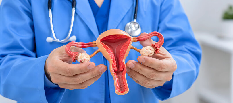 Doctor holding and showing female reproductive system anatomical model