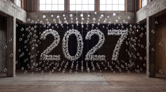 Large glowing numbers forming the year two thousand twenty seven inside an industrial dark loft. Modern architectural design, futuristic business concept, New Year event, winter holiday.