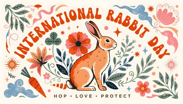 International rabbit day greeting card with cute bunny flowers carrot wildlife greeting international illustration colorful celebration whiskers botanical
