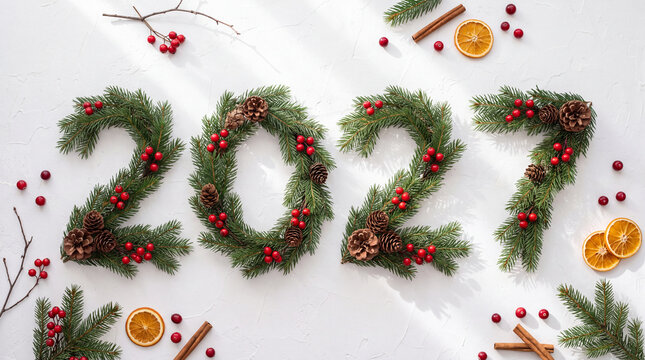 Top view of the year two thousand twenty seven made from green pine branches and red berries on a white background. Festive seasonal design, elegant holiday greeting card, New Year.