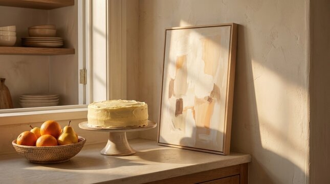 Warm sunlight illuminates a rustic kitchen scene with cake and fresh produce