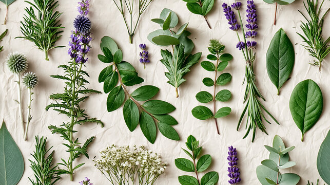 Flat botanical seamless pattern featuring eucalyptus and lavender flowers.