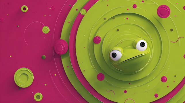 Funny 3D green frog head popping out of pink concentric circles, quirky paper craft style animal character for humorous meme templates