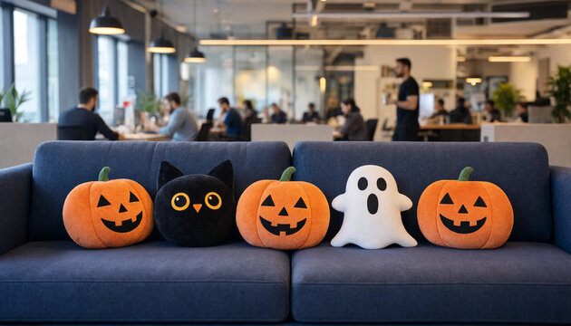 Halloween themed decorative pillows arranged on a modern blue office couch during workday