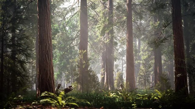 Sunlight filtering through tall sequoia forest