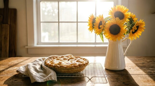 Freshly baked apple pie and sunflowers on a windowsill bathed in natural light