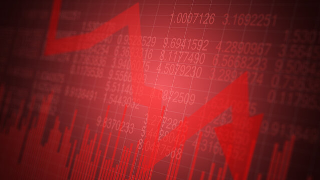 Financial market downturn concept with declining stock chart, red downward arrow and digital data display representing investment loss, recession, economic crisis and trading risk