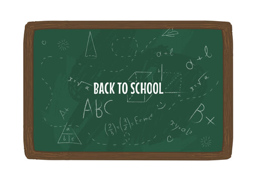 Back to school chalkboard poster with math doodles in flat vector style