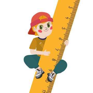School boy holding giant ruler education illustration isolated on white background in flat vector style