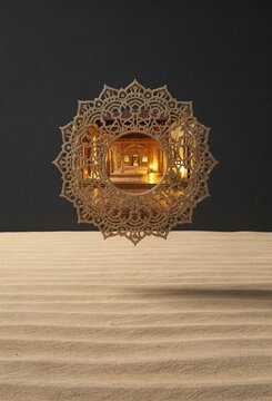 Intricate mandala floating over a warm beige sand field, featuring a glowing lantern-lit courtyard inside for wellness and cultural events, with copy space