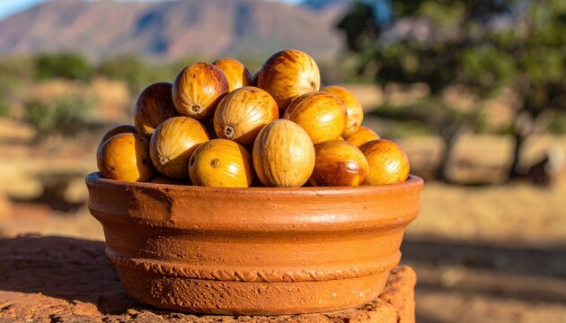 Heap of Edible Marula Nuts in a Rustic Terracotta Bowl Outdoors