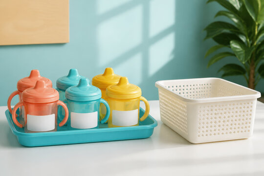 Daycare Cup Tray with Blank Markers for Preschool Hydration, Personal Identification and Classroom Organization