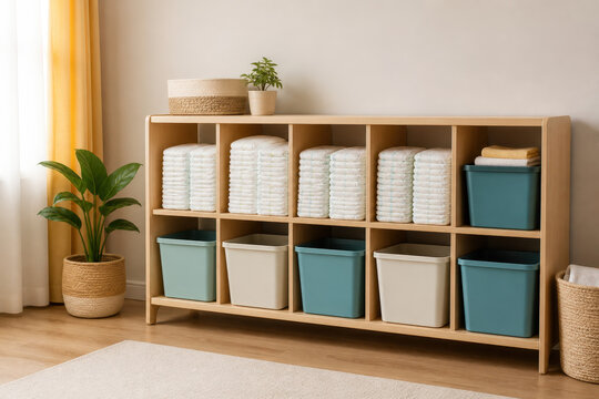 Daycare Diaper Storage with Blank Bins for Nursery Organization, Hygiene Supplies and Childcare Management