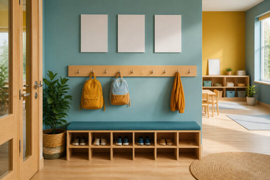 Daycare Shoe Bench with Blank Cards for Preschool Entryway Storage, Personal Labels and Classroom Organization