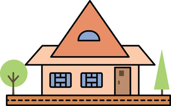 Cute House Illustration With Garden Trees Windows Door And Paved Path, Residential Home Vector Icon.