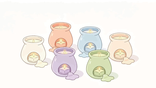 Soft pastel ceramic oil burners with glowing tealights, creating a cozy spa-like atmosphere with melted wax