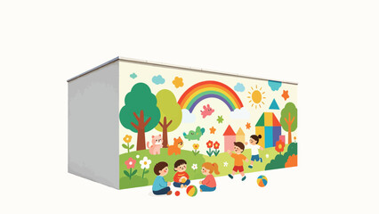Fototapeta premium Colorful children's mural featuring happy kids playing in a whimsical cartoon landscape with rainbow, trees