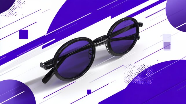 Stylish black round sunglasses on an abstract purple geometric background, cool trendy summer fashion accessory for pop art meme design