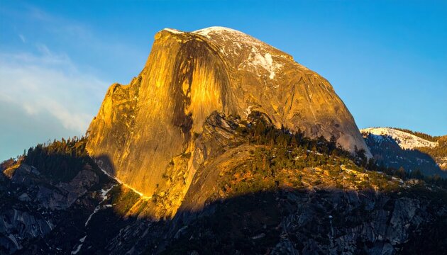 Iconic Half Dome bathed in golden sunlight during a clear day in Yosemite National Park