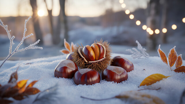 Fresh raw chestnuts sitting on a snowy ground during a cold winter day with soft bokeh lighting