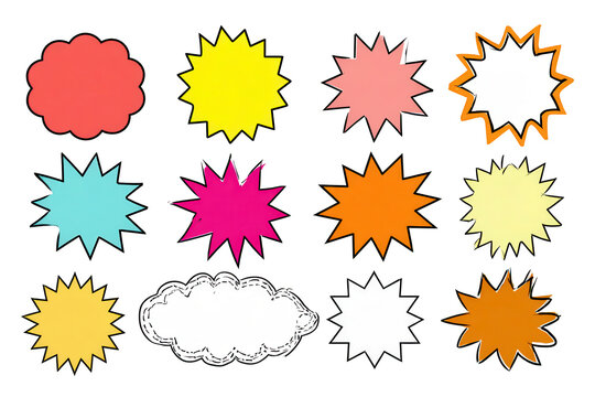 Set of twelve flat starburst shapes and bubble outlines in vibrant colors for graphic design projects