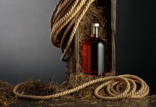 Bottle of whiskey in an old wooden crate.