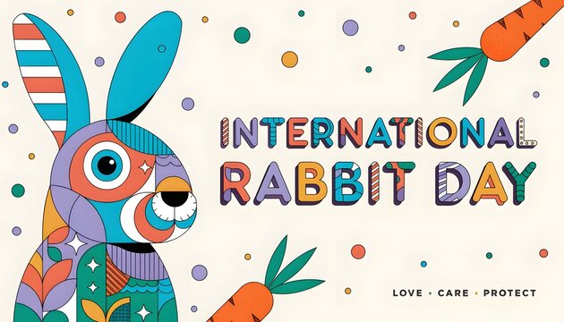 International rabbit day flat vector illustration with colorful abstract geometric patterns and decorative carrots on a light background colorful bunny decorative carr