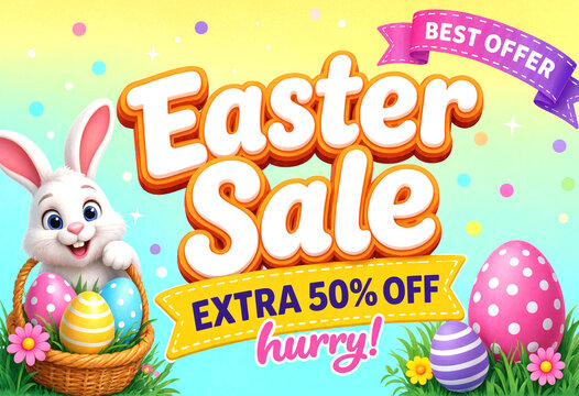 Easter Sale Promotion Featuring Cartoon Bunny Holding Basket With Eggs